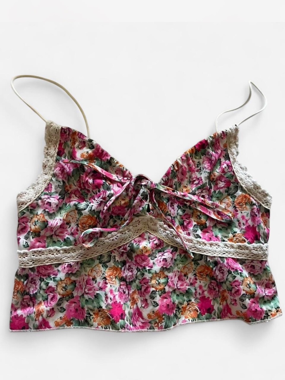 SHEIN Floral Lace-Trim Tie-Front Cami